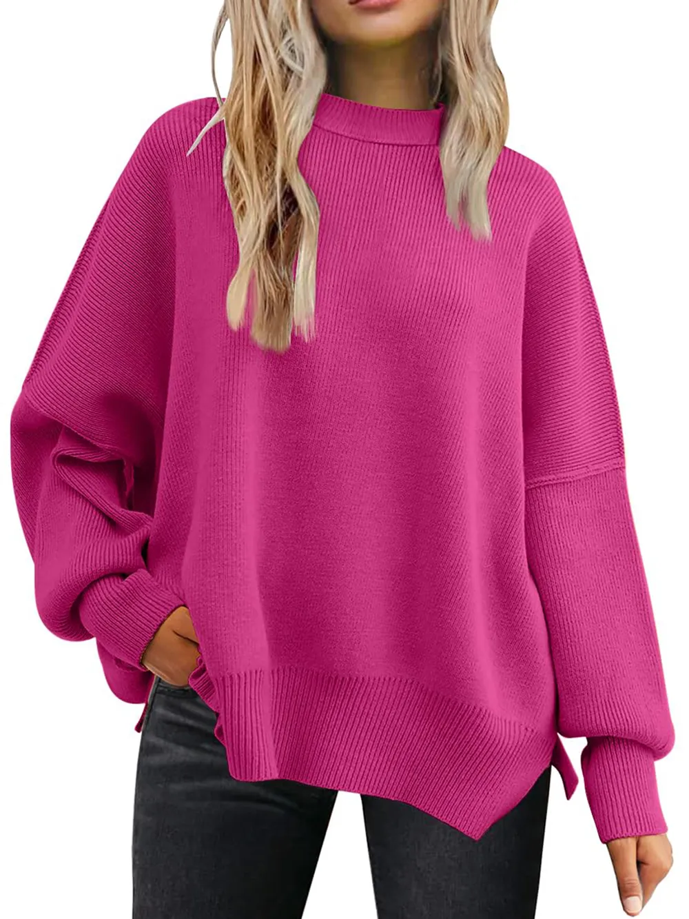 Slit Round Neck Dropped Shoulder Sweater, image 32