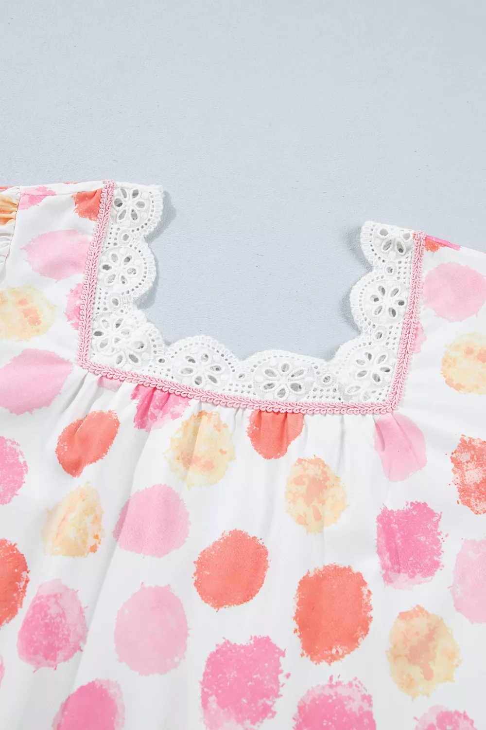 Polka Dot Lace Trim Square Neck Puff Sleeve Blouse, image 9