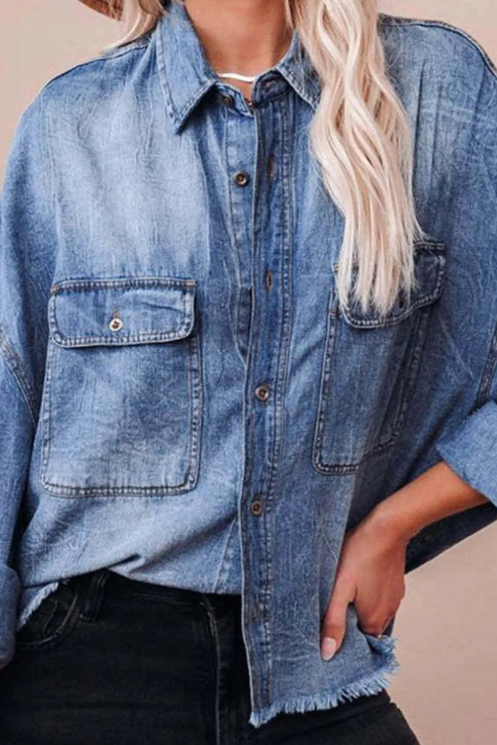 Collared Neck Raw Hem Long Sleeve Denim Shirt, image 5