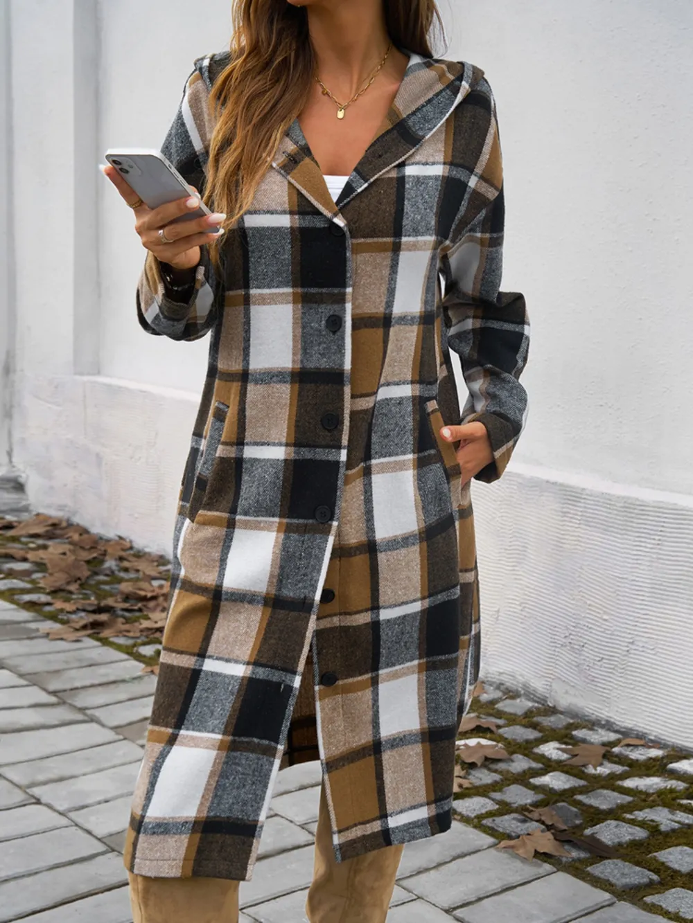 Plaid Long Sleeve Hooded Coat, image 19