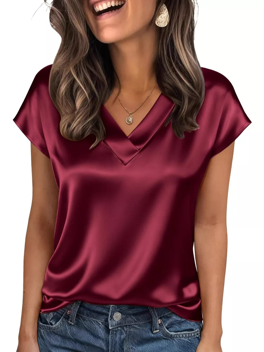 Satin V-Neck Cap Sleeve Blouse, image 10