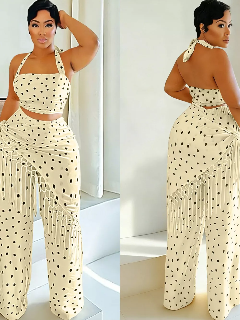 Polka Dot Halter Neck Cami and Fringe Trim Pants Set, image 4