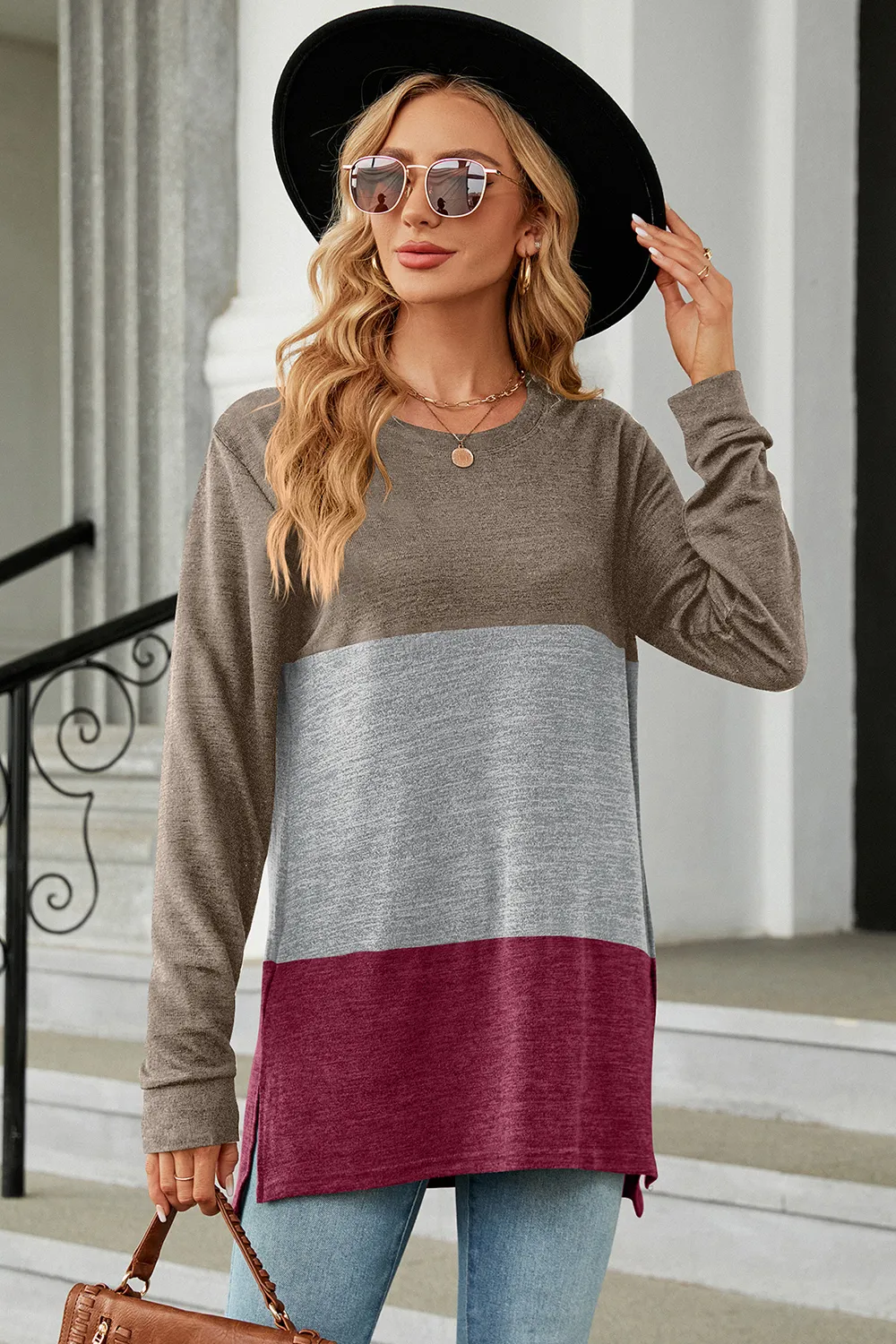 Color Block Round Neck Long Sleeve T-Shirt, image 17
