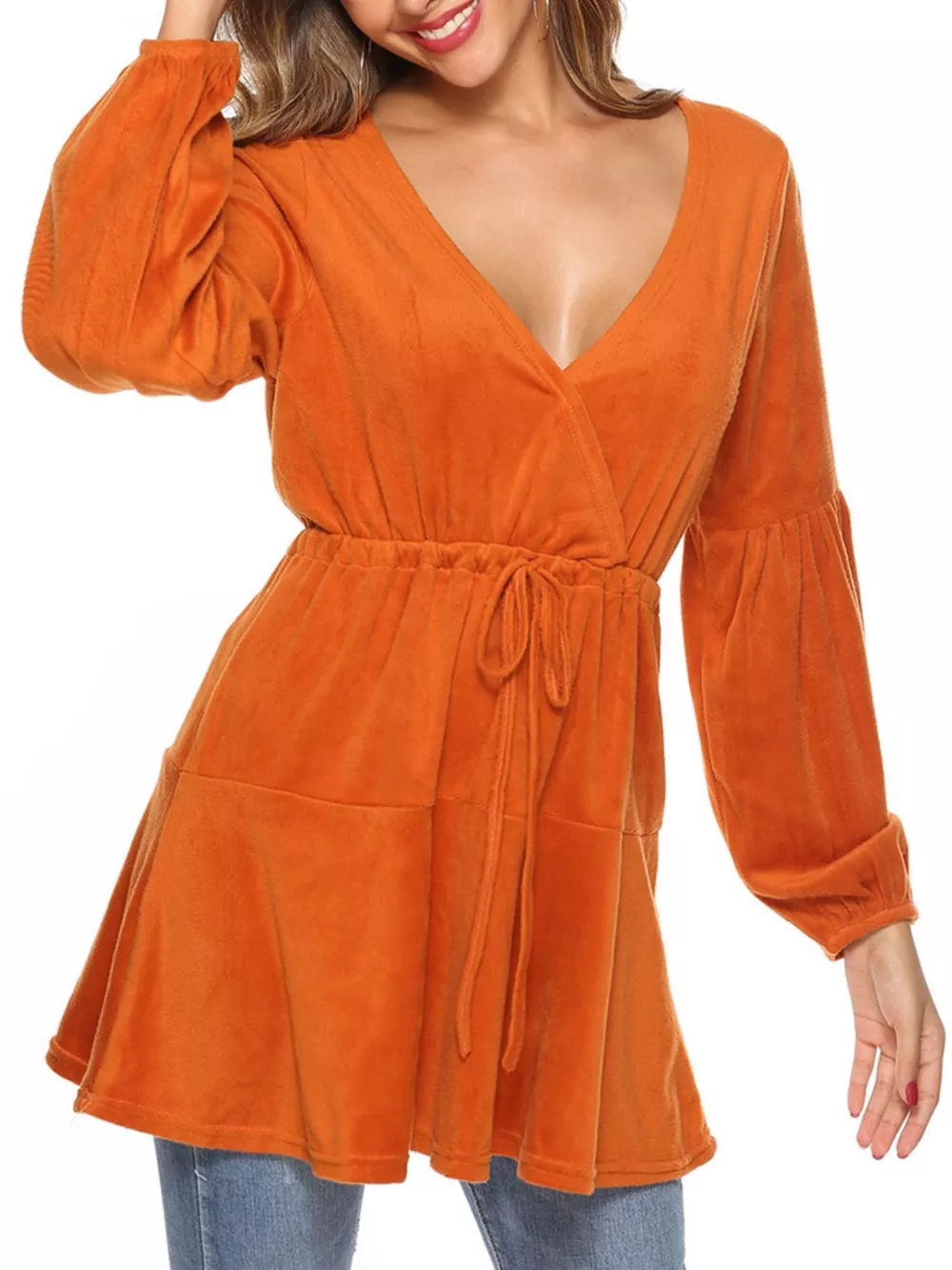 Velvet Long Sleeve Drawstring Blouse, image 5