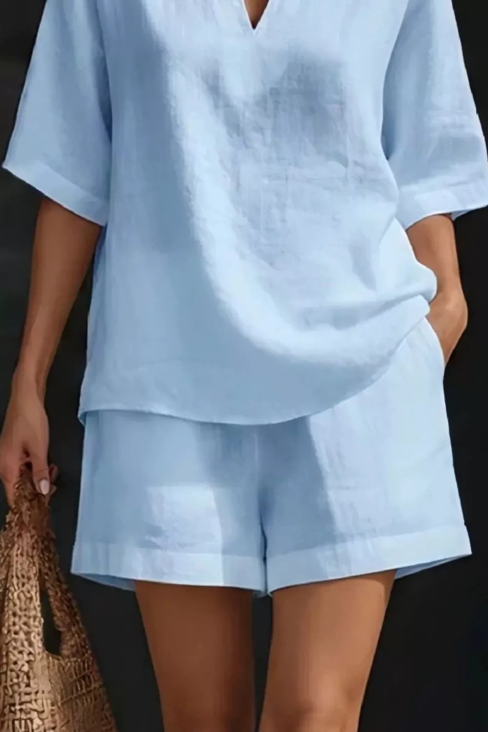 Notched Half Sleeve Top and Shorts Set, image 13
