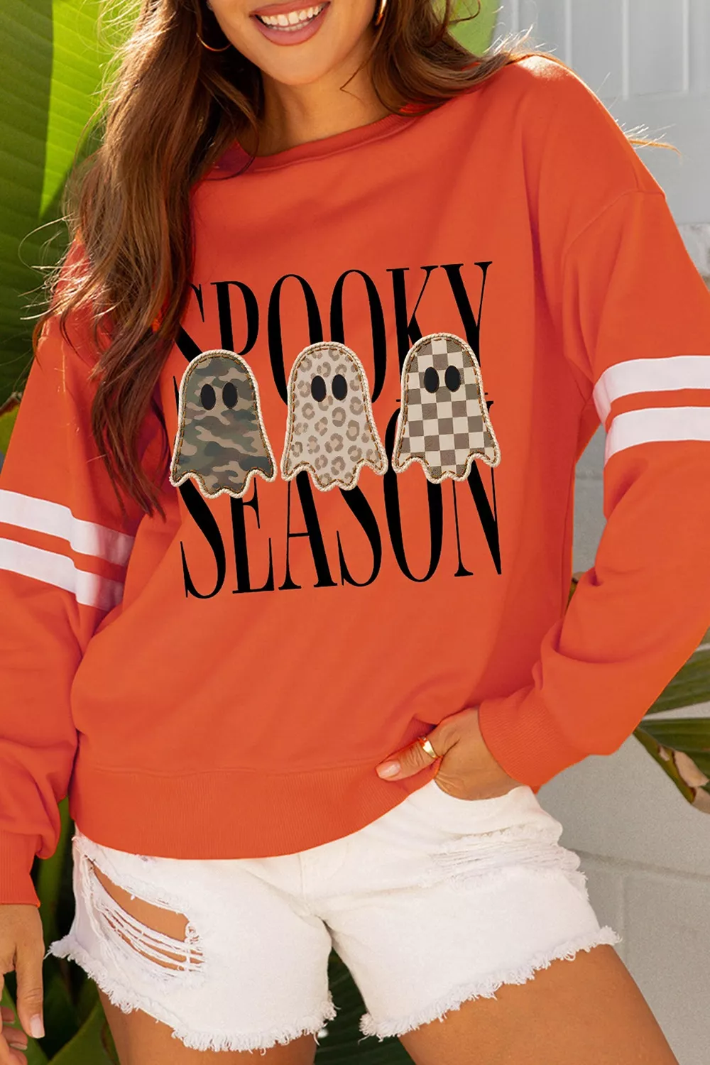 Spooky Season Ghost Graphic Varsity Striped Sleeve Halloween Pullover Sweatshirt, image 6