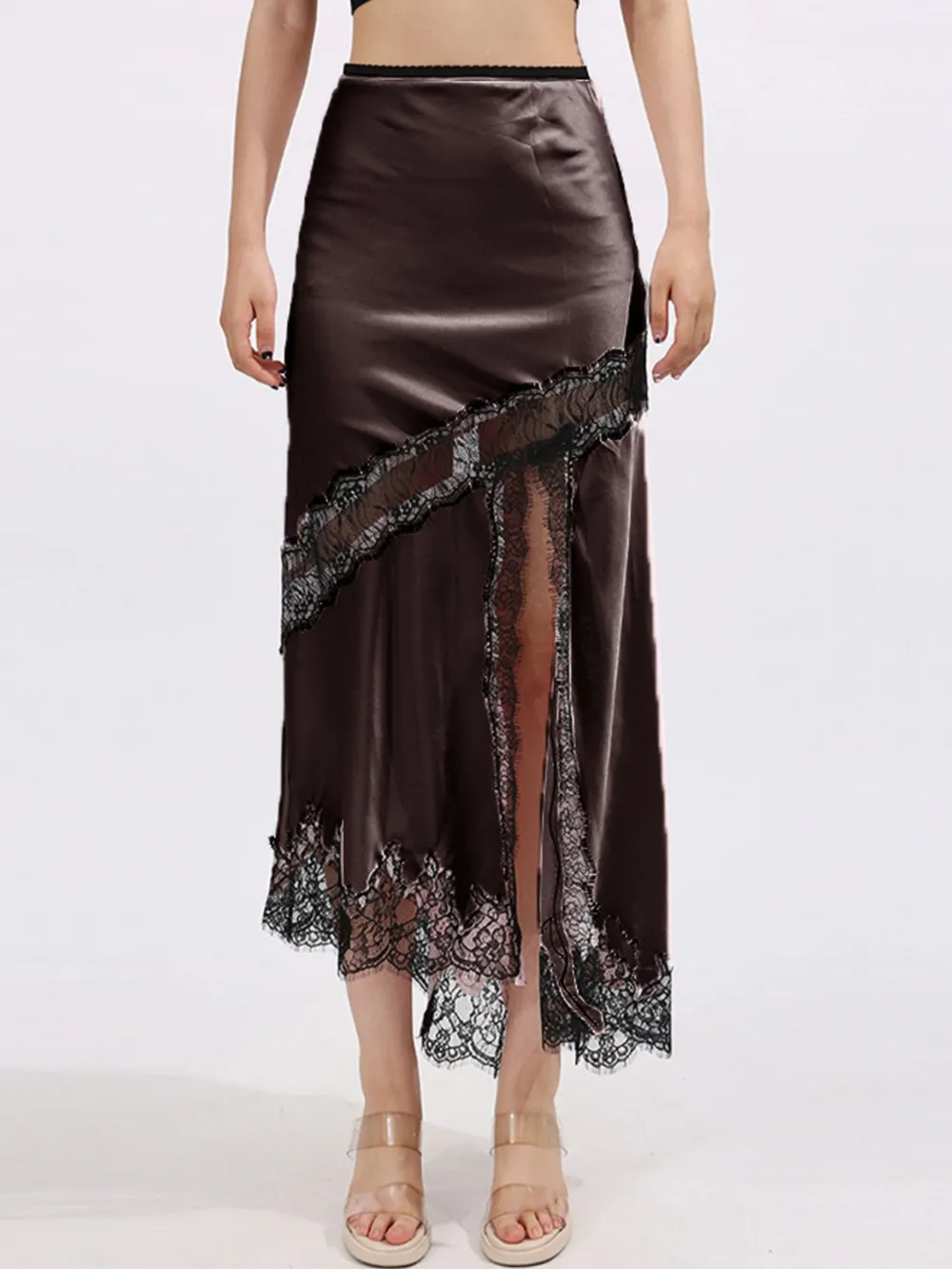 Lace Trim Asymmetrical Midi Skirt, image 5