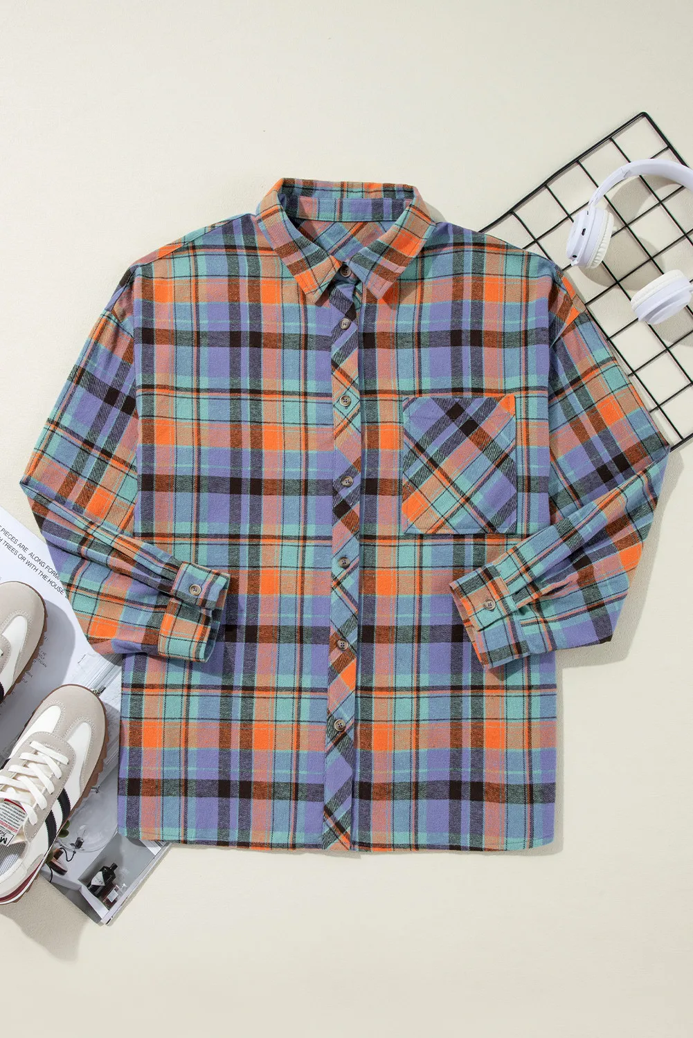 Plaid Collared Neck Long Sleeve Shirt, image 7