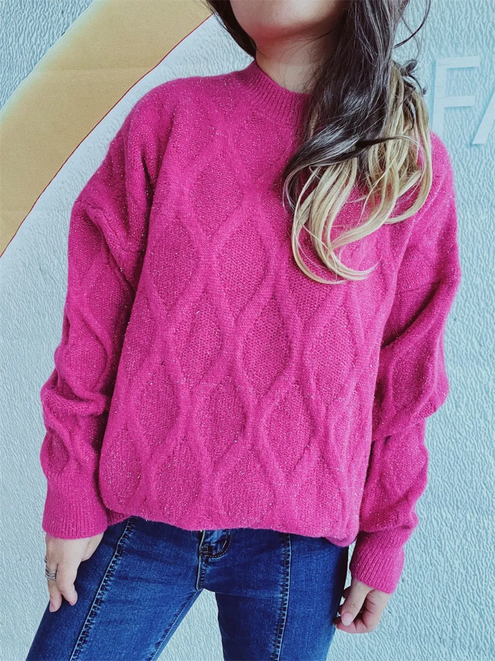 Diamond Round Neck Long Sleeve Sweater, image 16
