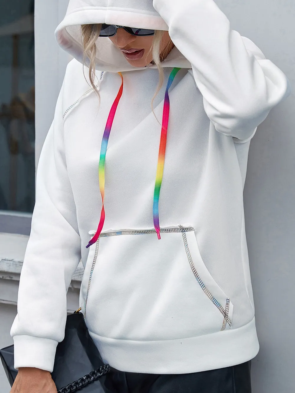 Contrast Stitching Drawstring Raglan Sleeve Hoodie, image 7