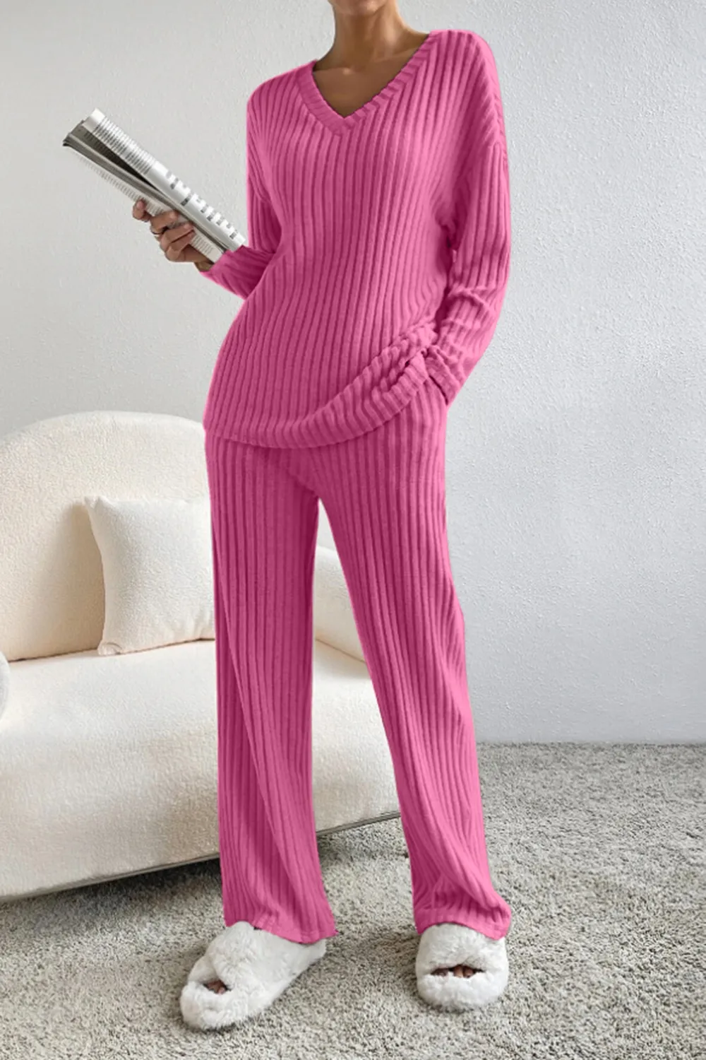 Ribbed V-Neck Top and Pants Set, image 21
