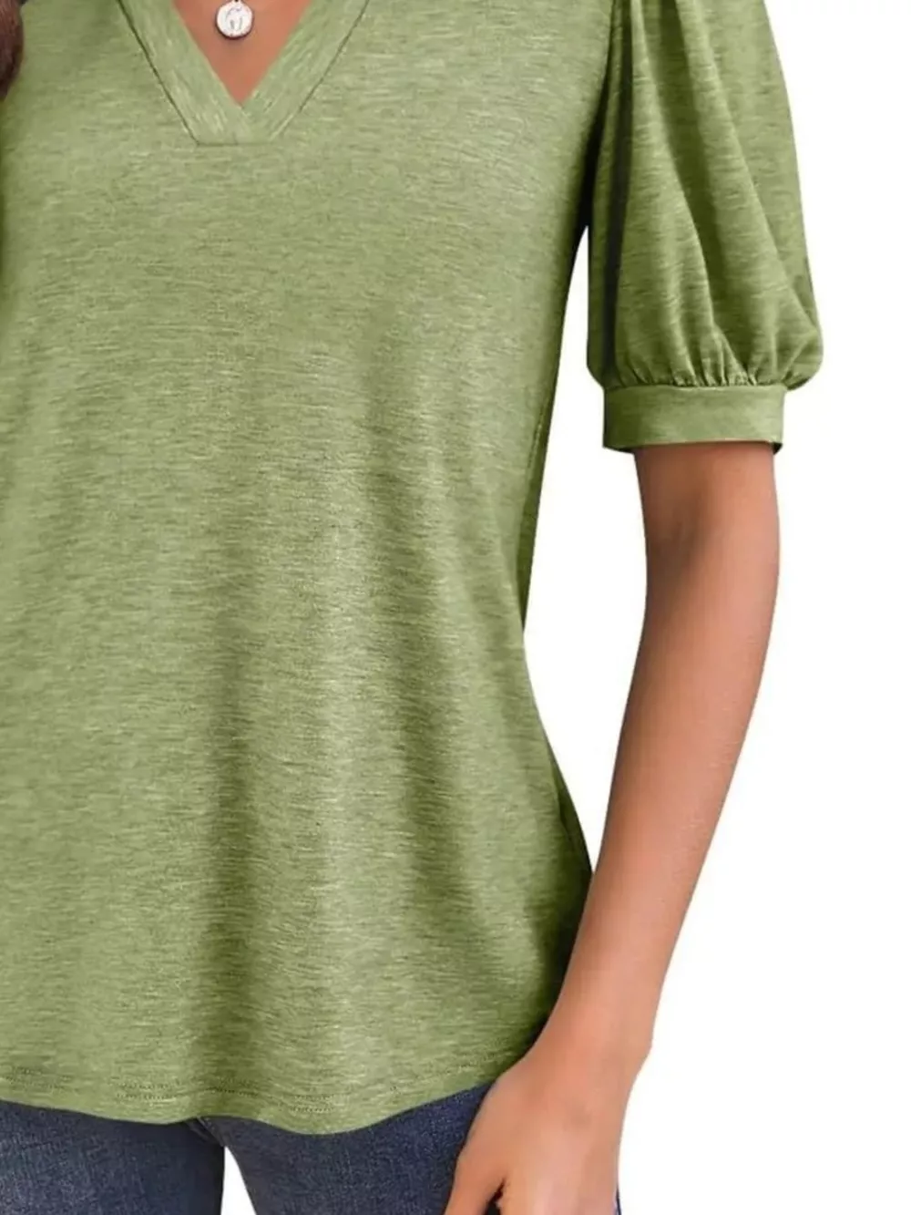 Puff Sleeve Notched Casual T-Shirt, image 7