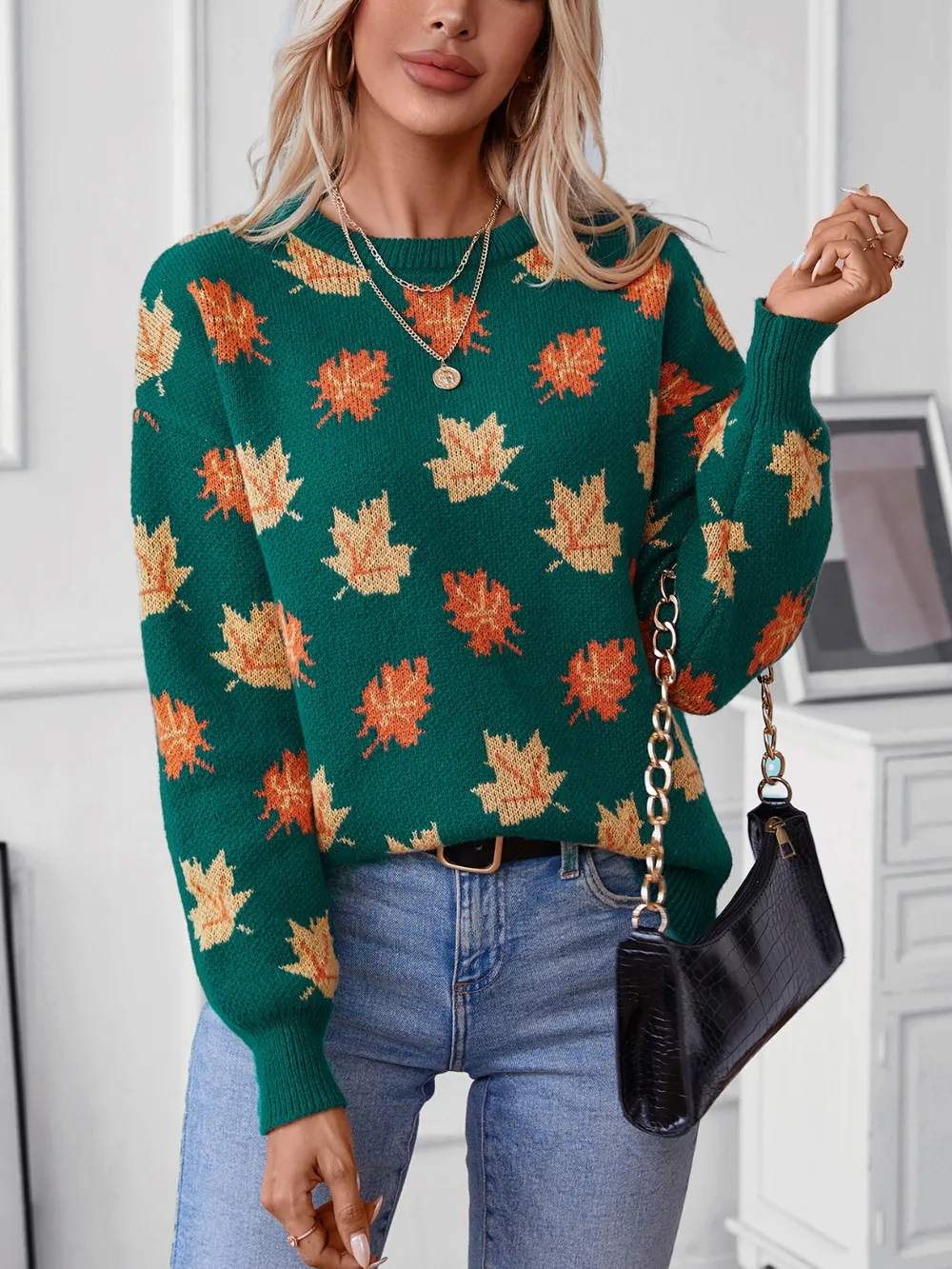Maple Leaf Round Neck Long Sleeve Sweater, image 4