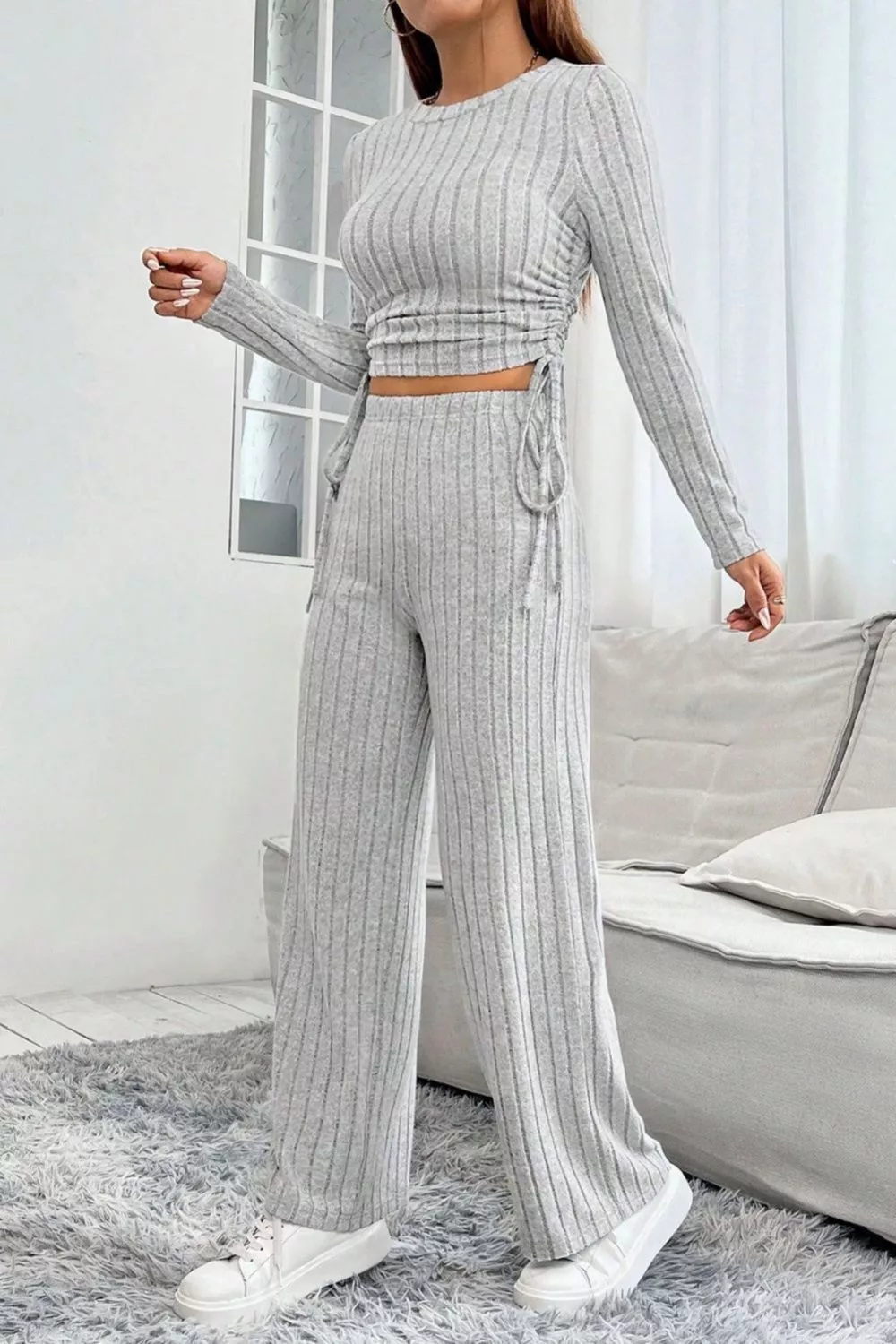 Ribbed Knit Long Sleeve Top & Wide Leg Pants Set, image 2