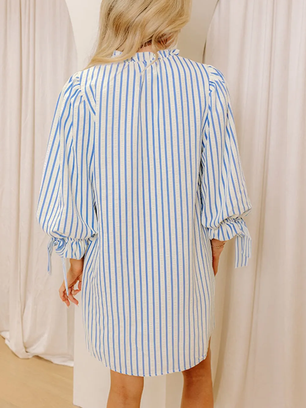 Stripe Knotted Sleeve Notched Shift Mini Dress, image 2