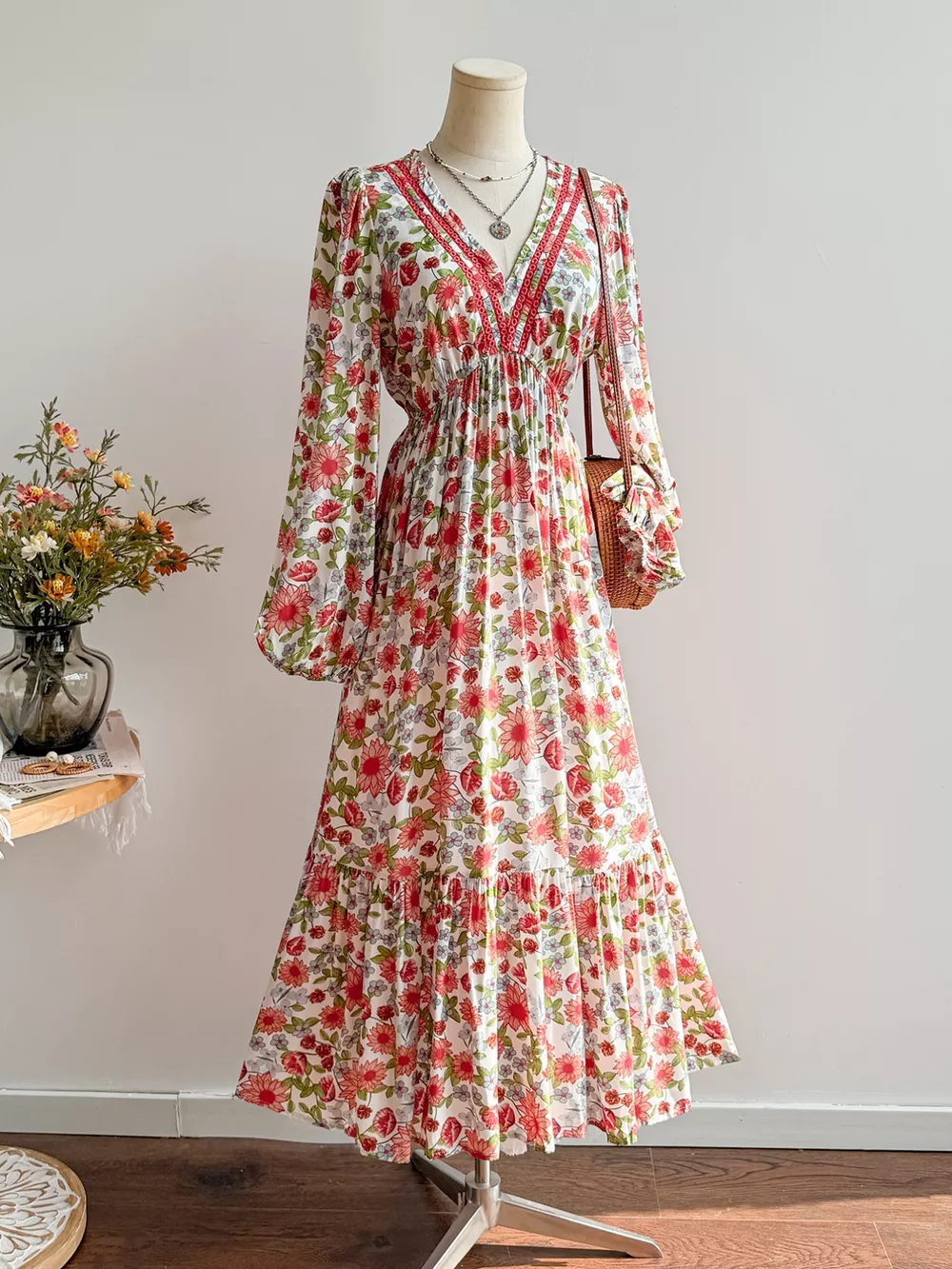 Floral Print V-Neck Bohemian Midi Dress, image 5