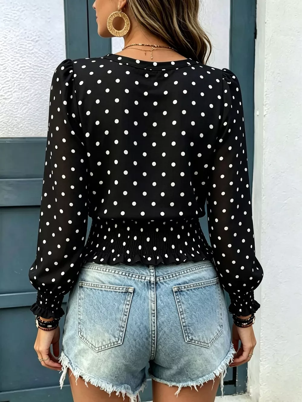 Polka Dot V-Neck Smocked Blouse, image 7