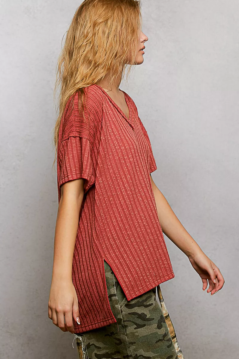 Ribbed Knit V-Neck Short Sleeve T-Shirt with Side Slit, image 6