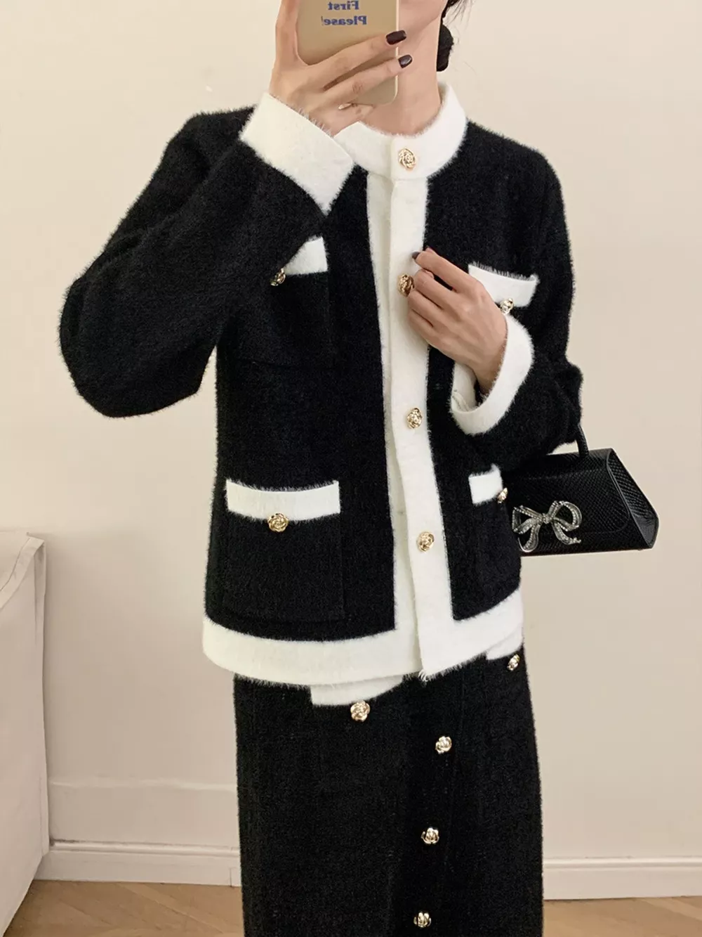 Contrast Trim Jacket and Skirts Sweater Set, image 15