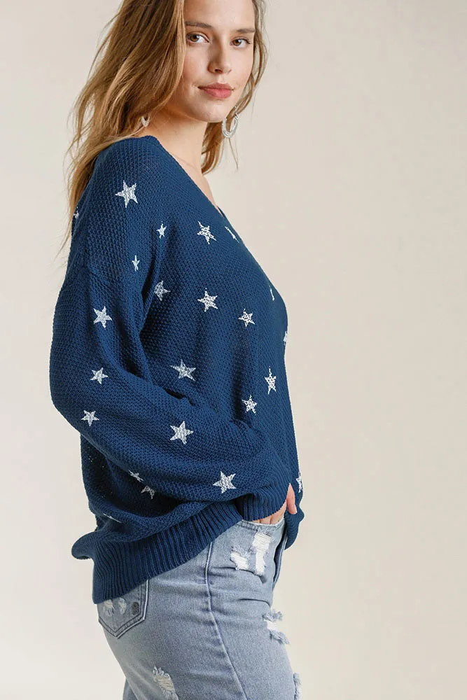 Full Size Star V-Neck Long Sleeve Sweater Plus Size, image 3