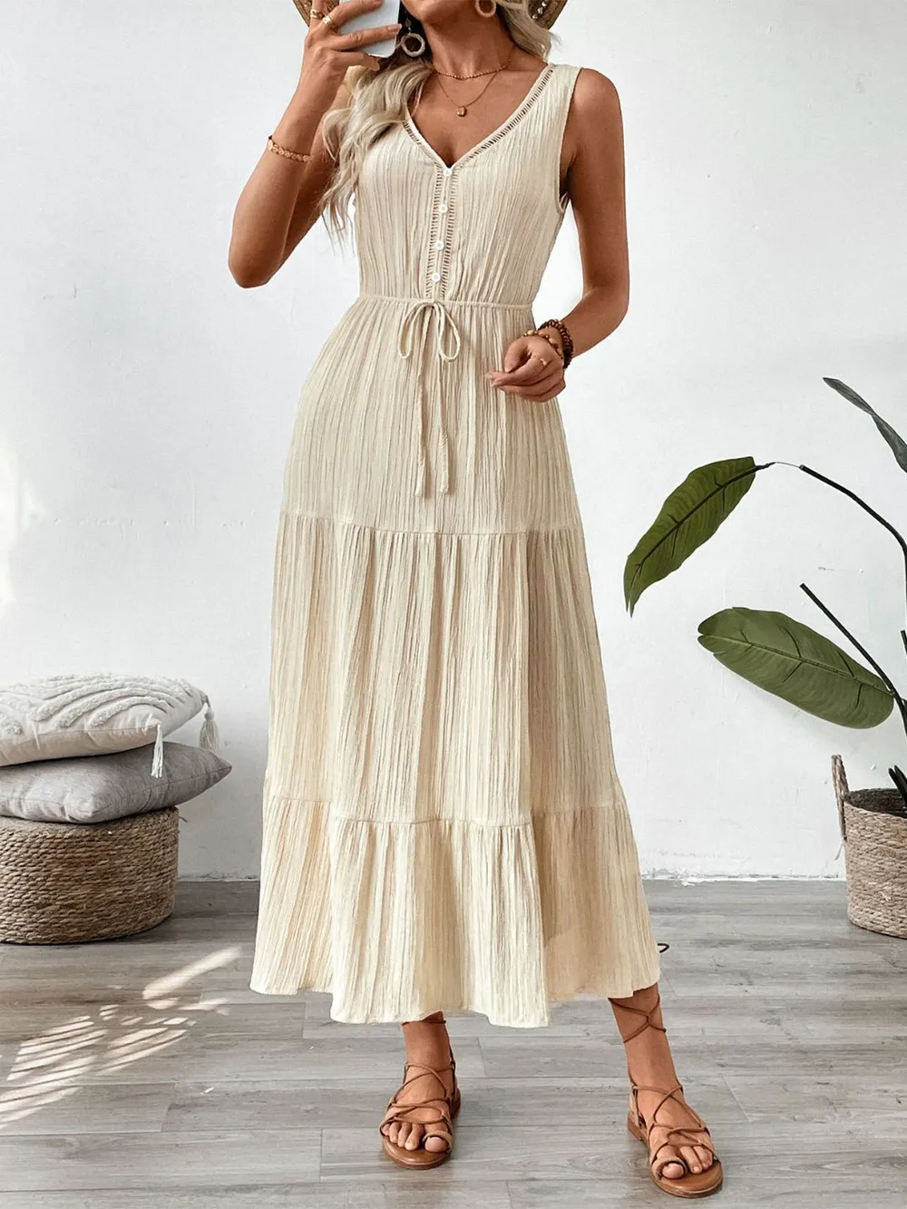 Decorative Button V-Neck Sleeveless Midi Tank Dress, image 5