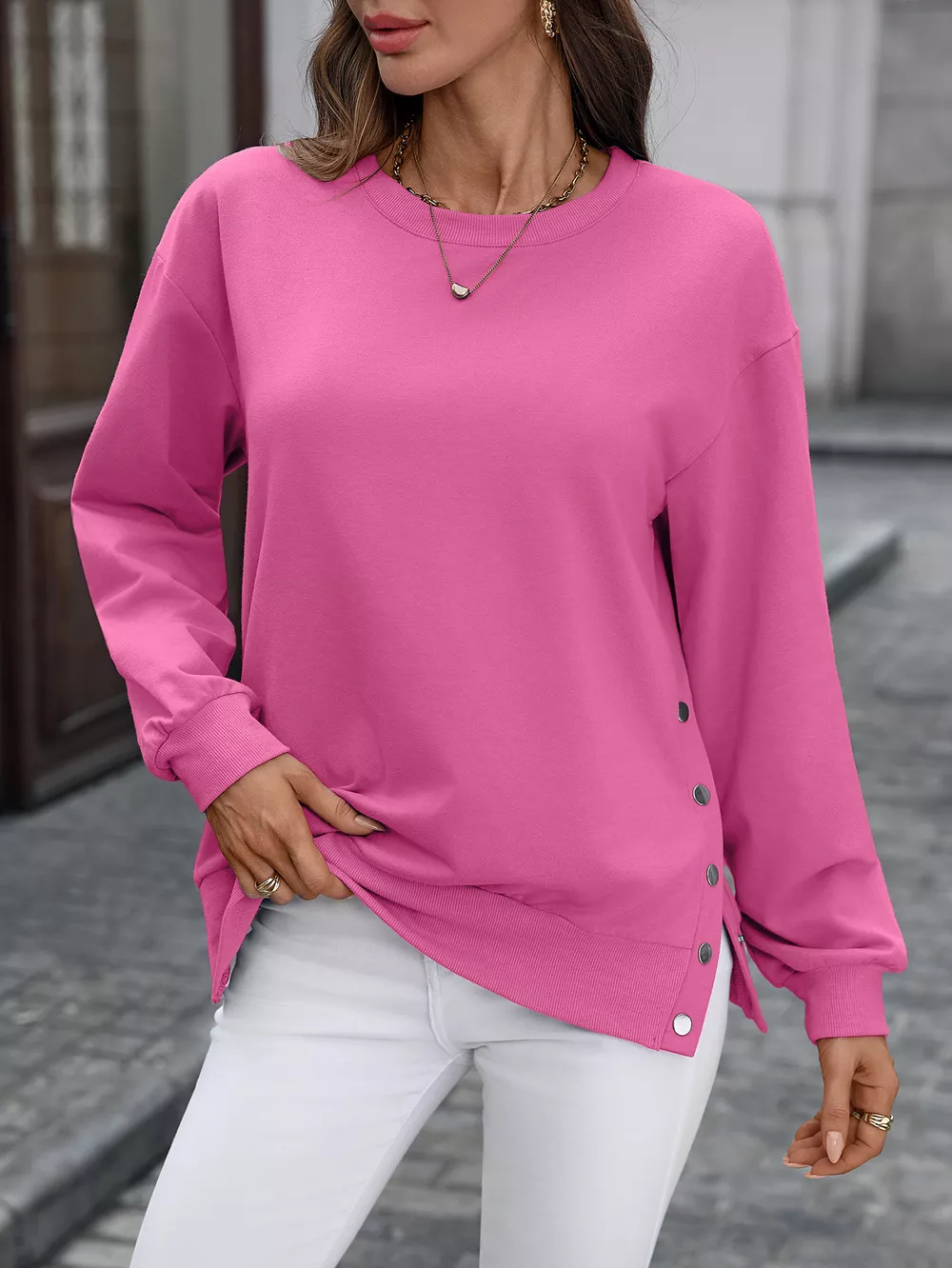 Side Snap Round Neck Sweatshirt, image 10