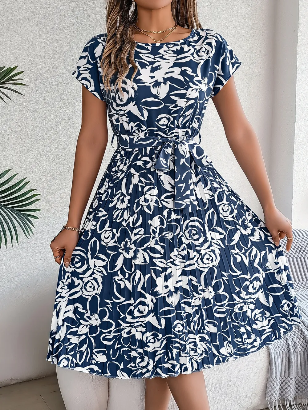 Tied Pleated Printed Short Sleeve Dress, image 2