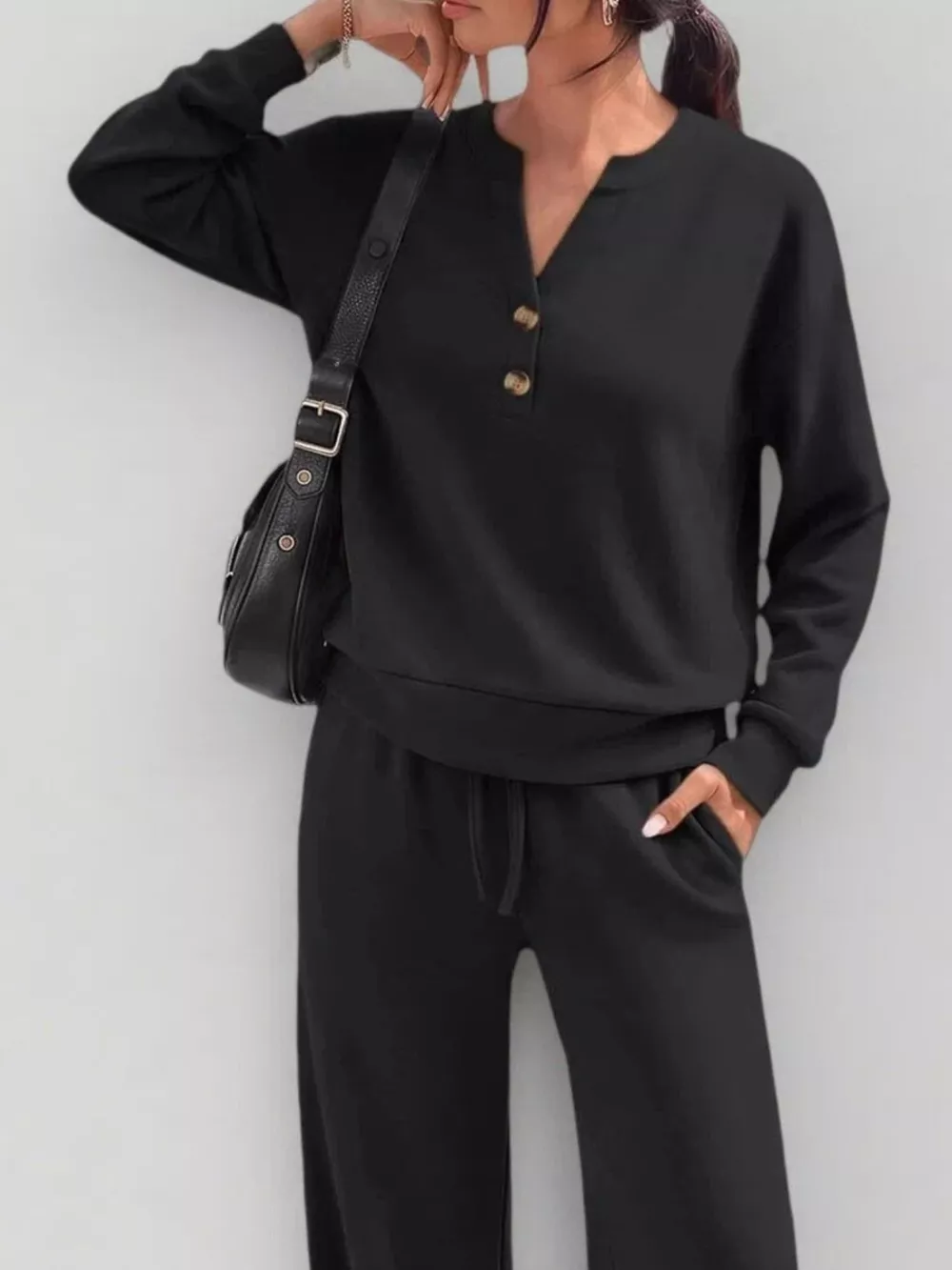 Button Detail Dropped Shoulder Top and Pants Set, image 10