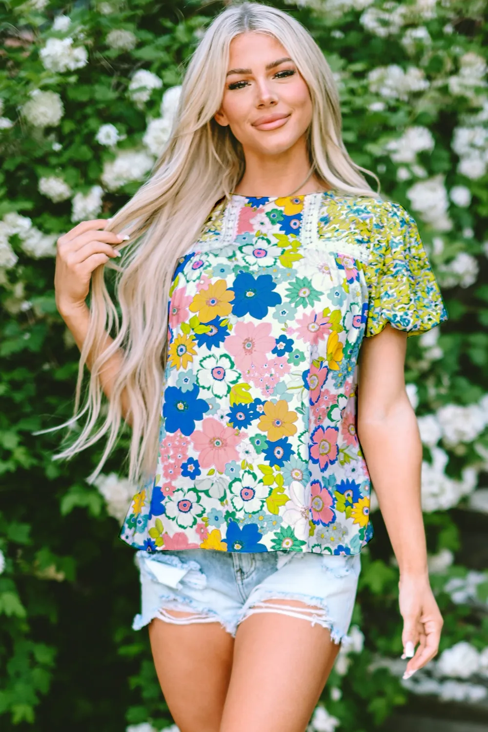 Printed Round Neck Puff Sleeve Blouse, image 12