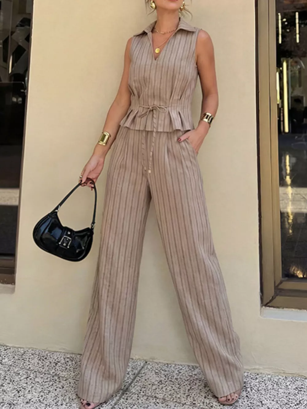 Sleeveless Striped Top & Wide Leg Pant Set, image 3