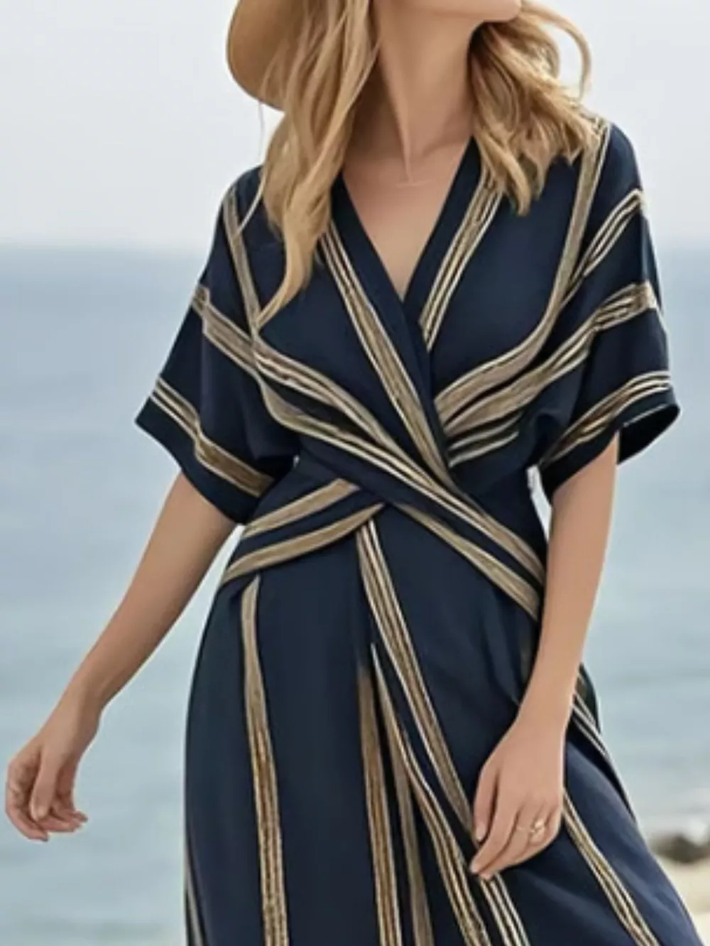 Full Size Striped Surplice Half Sleeve Midi Dress Plus Size, image 11