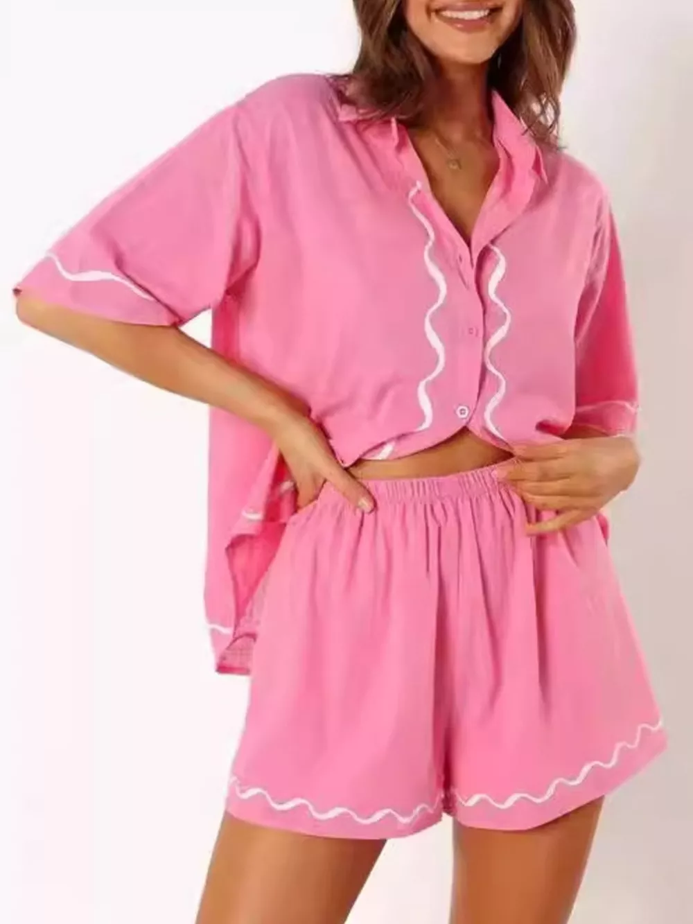 Button Down Contrast Trim Shirt and Shorts Set, image 2