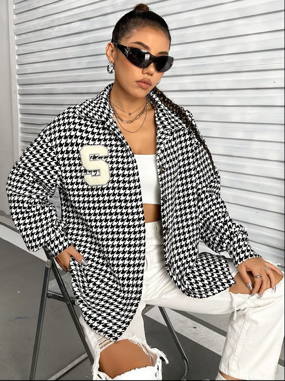 Houndstooth Button Down Long Sleeve Shacket, image 5