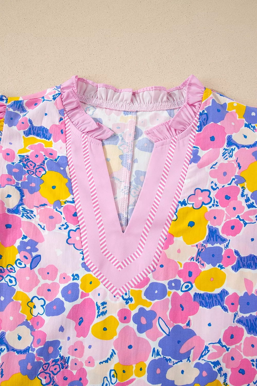 Floral Print Striped Color Block Patchwork V Neck Flutter Sleeve Blouse, image 5