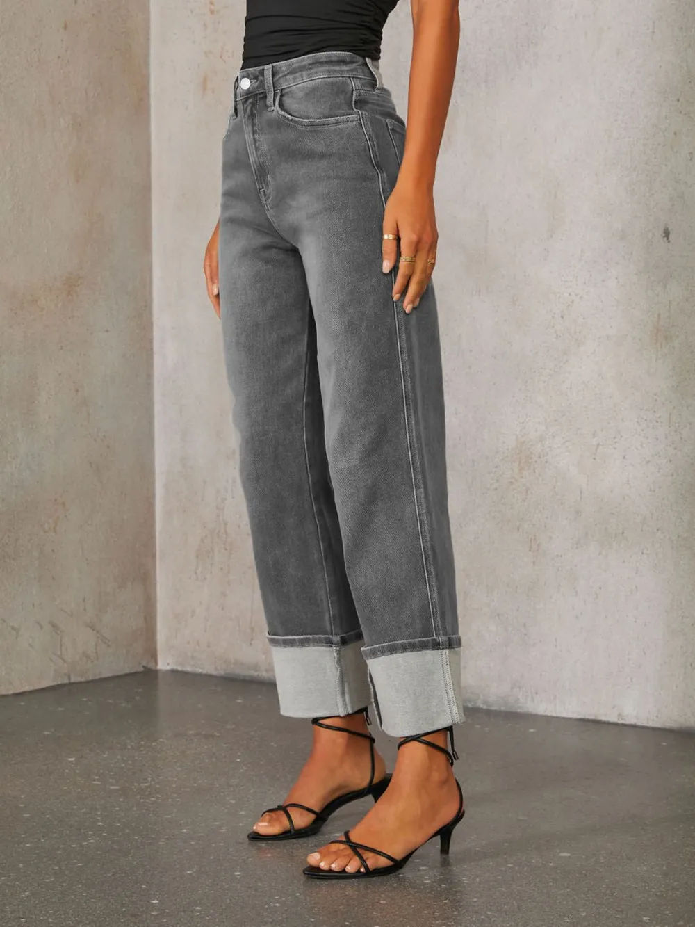 High Waisted Straight Leg Rolled Jeans, image 9