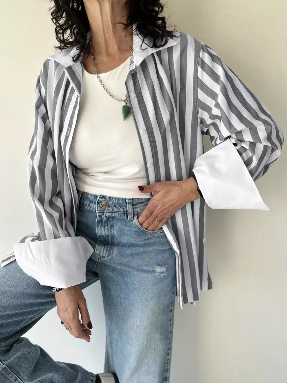 Striped Oversized Button-Up Shirt, image 3