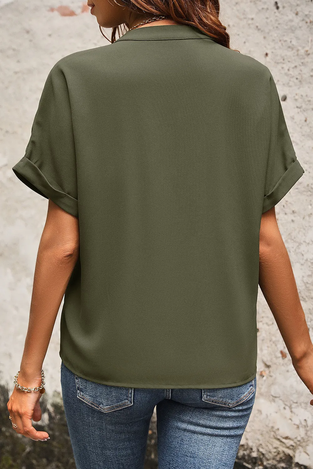 Pocketed Notched Short Sleeve Blouse, image 4