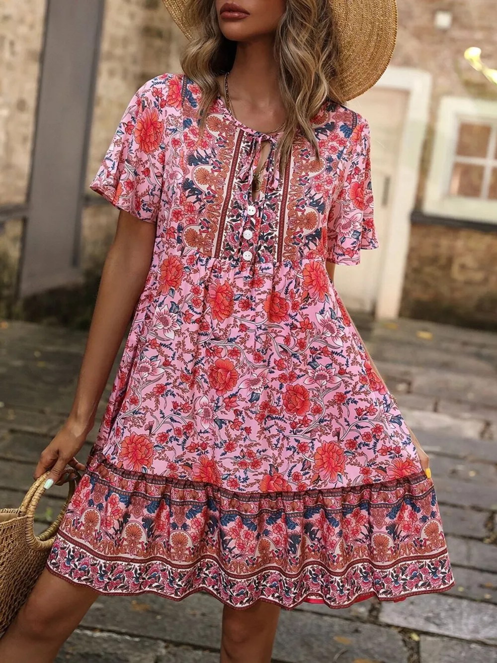 Floral Print Tie-Neck Ruffle Hem Mini Dress, image 6