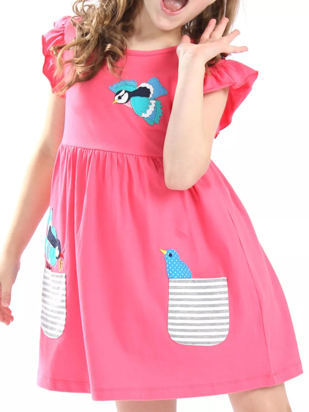 Children's Bird Applique Pocket Ruffle Sleeve Dress, image 6