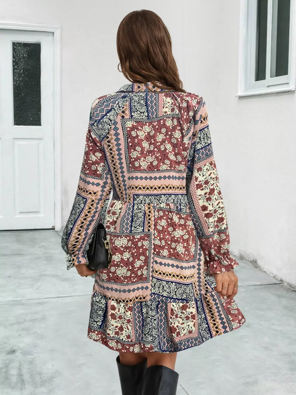 Boho Floral Print Long Sleeve Mini Dress, image 4