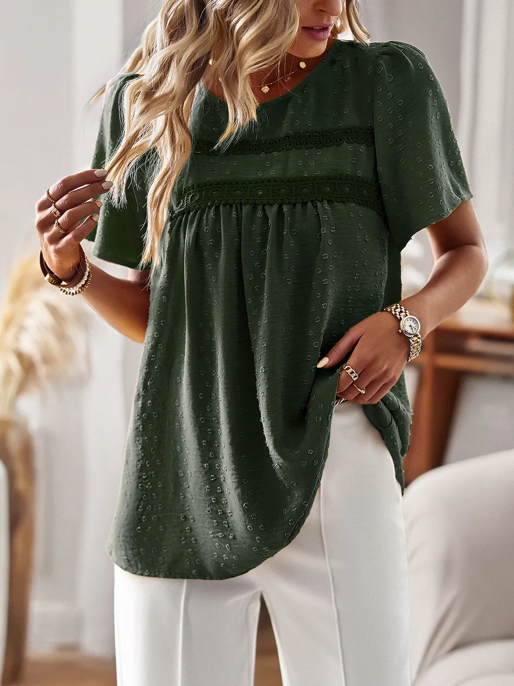 Lace Detail Round Neck Short Sleeve Blouse, image 23