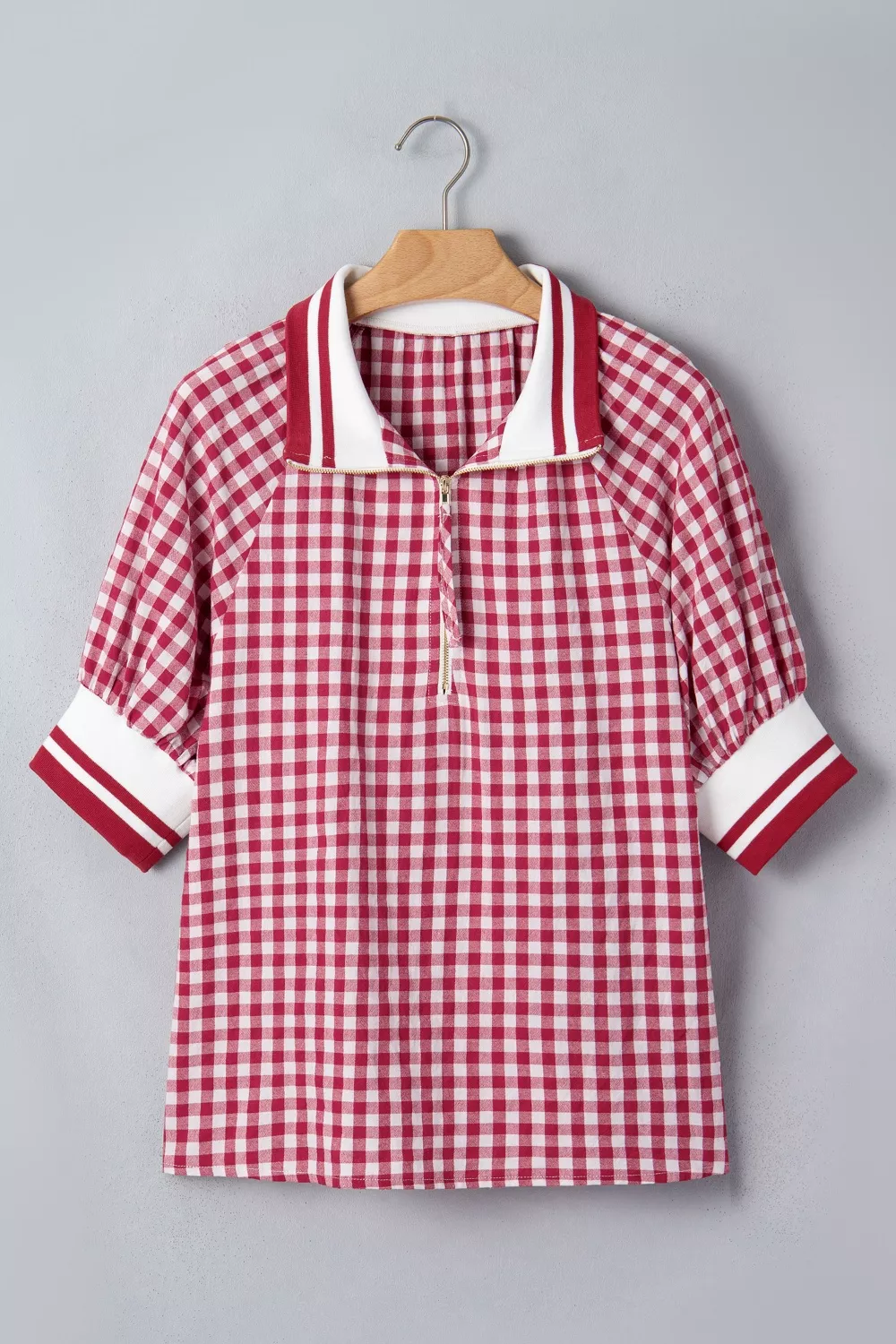 Gingham Puff Sleeve Quarter Zip Blouse, image 6