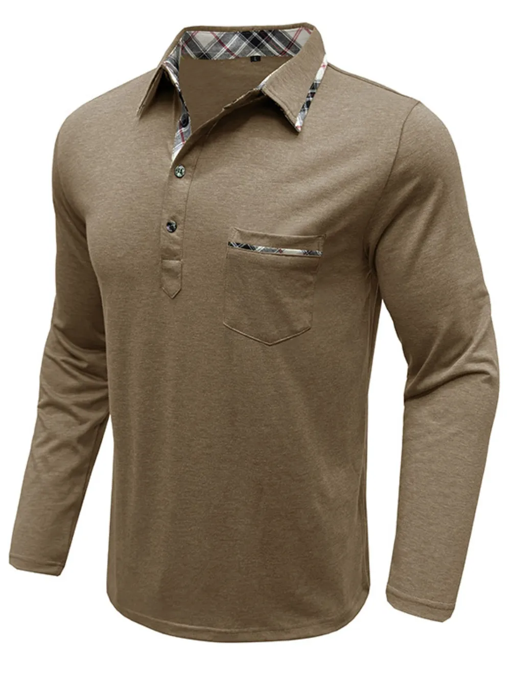 Men's Full Size Plaid Collar Neck Long Sleeve Polo Shirt Plus Size, image 3