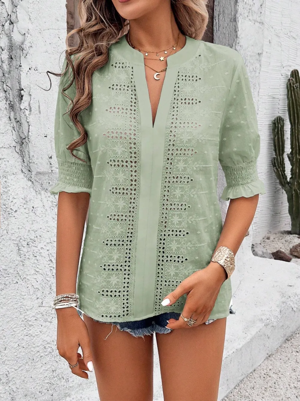 Eyelet Notched Flounce Sleeve Blouse, image 10