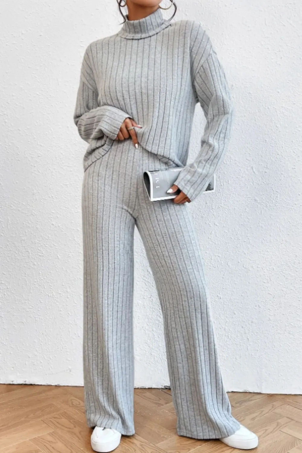 Mock Neck Dropped Shoulder Top and Pants Set, image 4