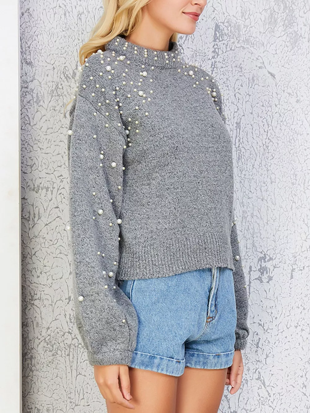Pearl-Embellished Mock Neck Sweater, image 9