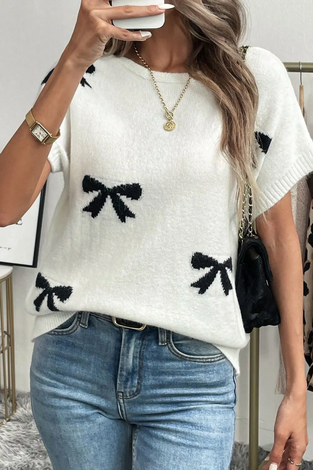 Bow Pattern Knit Short Sleeve Sweater, image 6