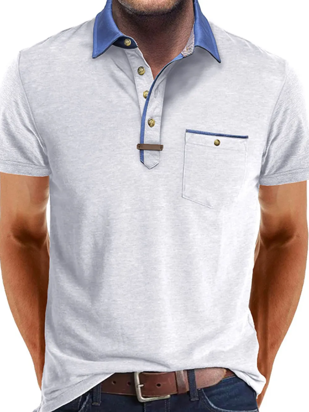 Men's Full Size Contrast Collar Pocket Polo Shirt Plus Size, image 3
