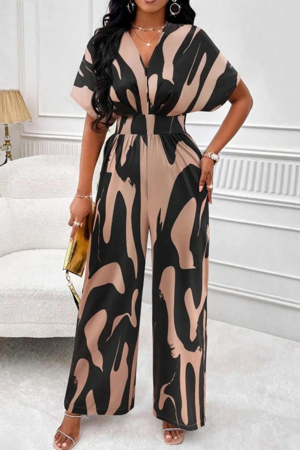 Printed V-Neck Short Sleeve Wide Leg Jumpsuit, image 4