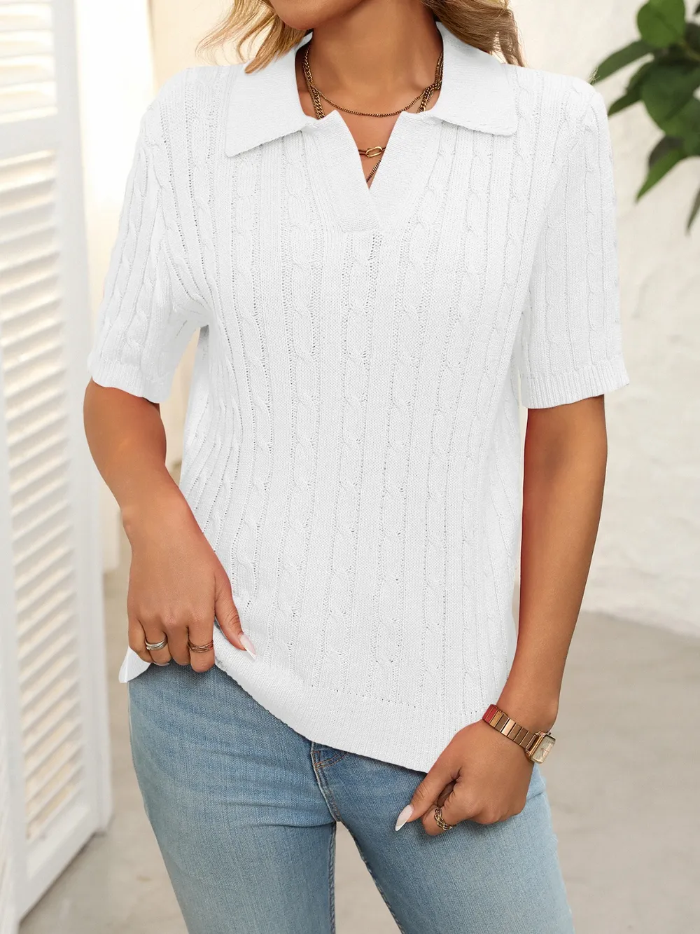 Cable Knit Johnny Collar Half Sleeve Sweater, image 12